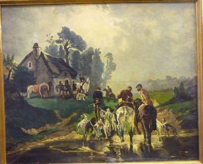 null Ecole ANGLAISE XIXème, Scène de chasse à courre, huile sur toile, 70 x 85 c...