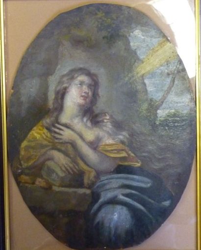 null Ecole FLAMANDE XVIIème, Marie Madeleine, huile sur cuivre, haut. 15 cm (usu...