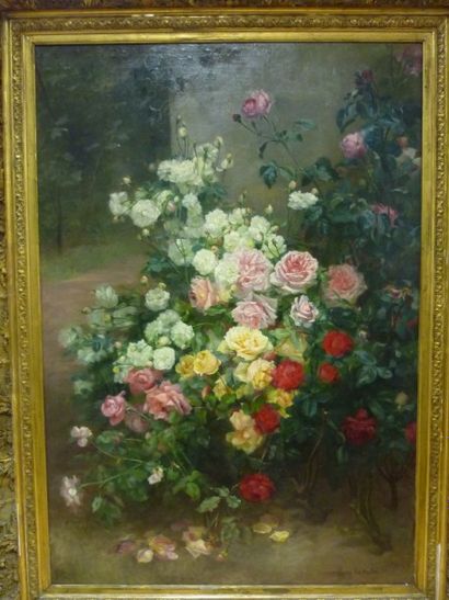 null Hortense DURY-VASSELON (1860-1924), Grande composition aux rosiers, huile sur...