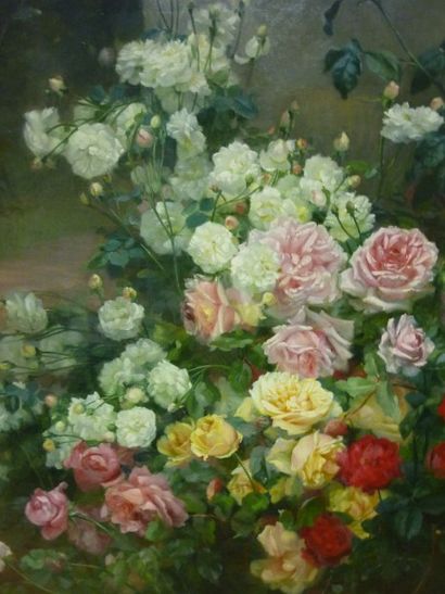 null Hortense DURY-VASSELON (1860-1924), Grande composition aux rosiers, huile sur...