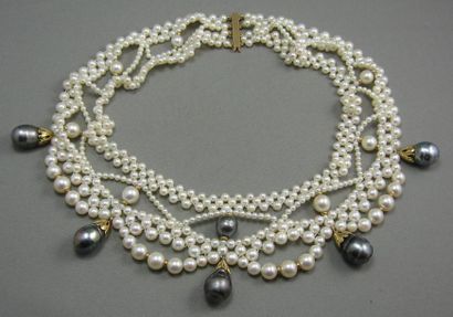 null Collier Draperie en tissage de perles de culture blanches et grises alternées...