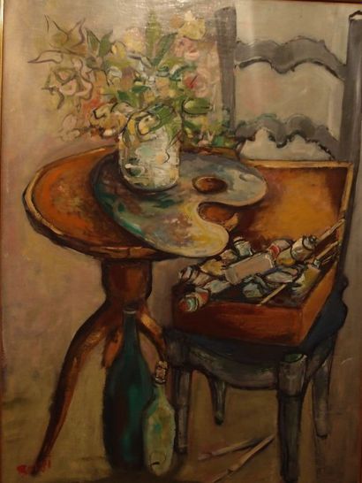 Manfredo BORSI (1900-1967) Palette et boite de couleurs dans l?atelier Huile sur...