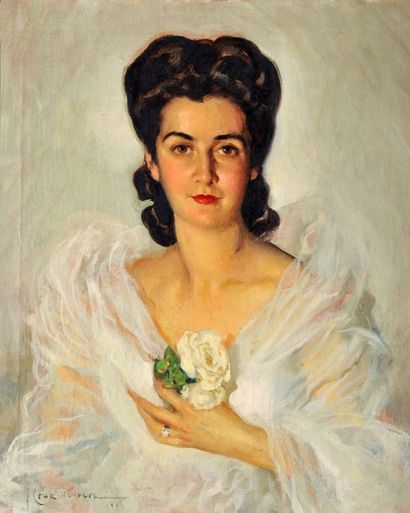 José CRUZ HERRERA (1890-1972) Portrait de femme au bouquet Huile sur toile signée...