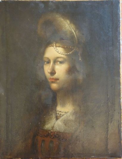 ECOLE ANCIENNE Portrait de femme à la coiffe de plumes et perleshuile sur toile 61...