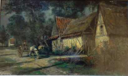 Georges MARONIEZ (1865-1933) Attelage près d'une chaumièrehuile sur carton signée...