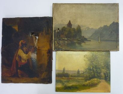 null Ensemble de trois tableaux XIXème : Signoret, chemin au bord de la rivière,...