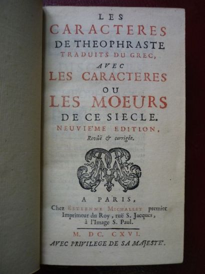 LA BRUYERE (Jean de) LA BRUYÈRE (Jean de)]. Les Caractères de Théophraste traduits...