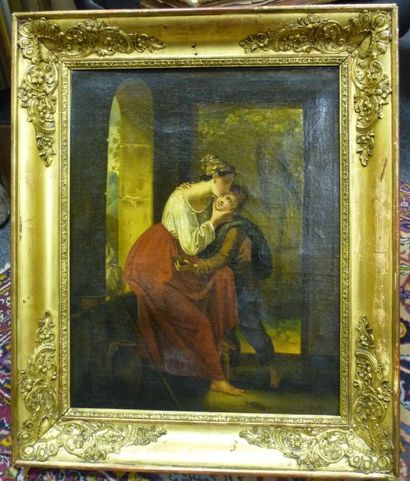 null Ecole FRANCAISE vers 1830, Mère embrassant son fils, huile sur toile. 55 x 43...