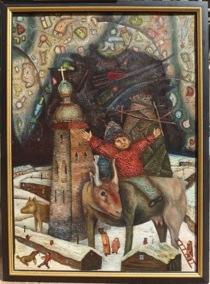null Ecole RUSSE d'après Chagall,

Paysage fantastique à l'église et à la vache,

Huile...