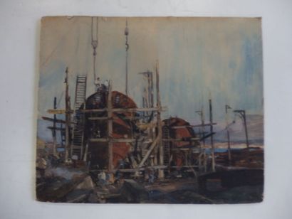 null Louis GILLOT (XX ème), chantier naval, Aquarelle sur carton. 

46 x 59 cm. ...