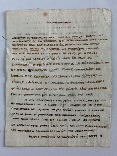 [Roanne] Lettre anonyme de dénonciation, année 1794. 1 page, recto-verso, écriture...