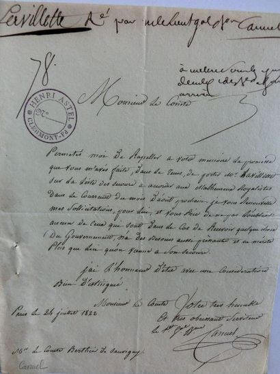 CANUEL, Simon. 1 page, Paris le 24 juillet 1822, au Comte Bertier de Sauvigny, avec...