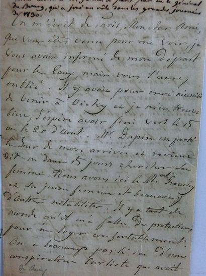 DU BOURG, «Général». Lettre datée de Vichy le 24 juillet 1835, avec oblitération...