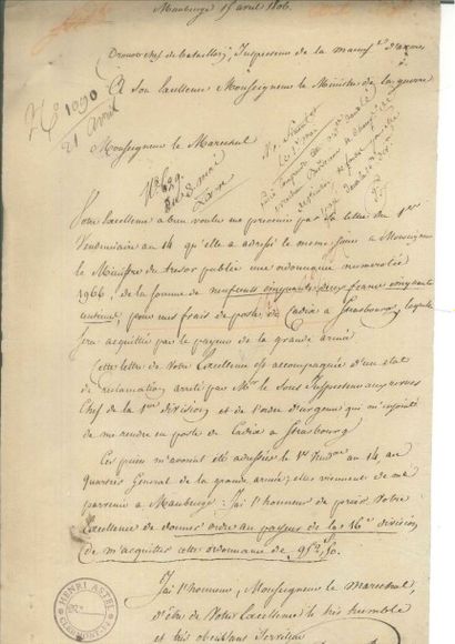 DROUOT, Antoine. Comte d'Empire, Général… 1 page, Maubeuge le 15 avril 1806, au maréchal...
