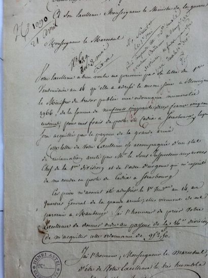 DROUOT, Antoine. Comte d'Empire, Général… 1 page, Maubeuge le 15 avril 1806, au maréchal...