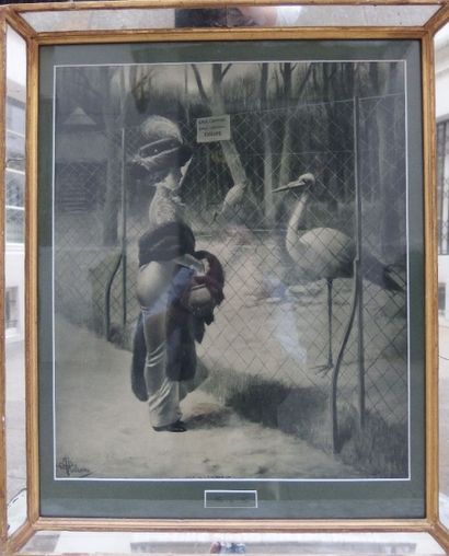 null Albert GUILLAUME (1873-1942), 

Tête à tête au zoo,

chromolithographie enc...