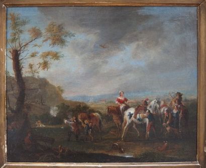 null Ecole FRANCAISE du XVIII ème, Scène de chasse, huile sur toile. 33 x 42 cm....