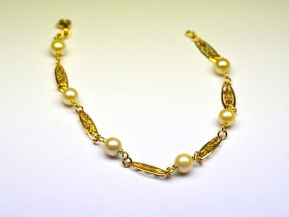 null Bracelet or jaune filigrané ornée de perles de culture naturelles.Poids brut...