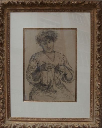 null Ecole IMPRESSIONNISTE,
Femme à l'ouvrage,
Fusain
52 x 38 cm. 
(restaurations...