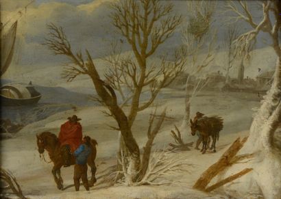 null École FLAMANDE du XVIIIe,

Paysage de neige animé,

Huile sur toile.

47 x 65...