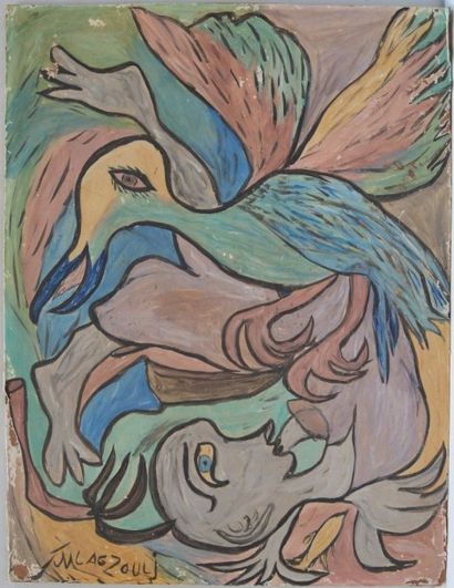 Mohamed LAGZOULI (1937-2015) Mohamed LAGZOULI (1937-2015), 

Homme et oiseau,

Gouache...