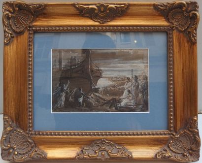 null VERHAS Jan Franz (1834-1886), le départ d'Ulysse, lavis et rehauts. 11 x 16...