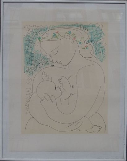 null D'après Pablo PICASSO (1881-1973),
Maternité,
Lithographie en couleurs signée,
Cadre...