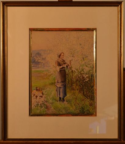 REBOUL M. (XX ème), REBOUL M. (XX ème), Jeune fille et cruche en cuivre, 1904, aquarelle,...