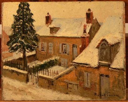 BARUE Lucien (XIX-XX ème), BARUE Lucien (XIX-XX ème), Maison sous la neige, esquisse...