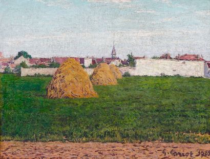CARIOT Gustave (1872-1950), CARIOT Gustave (1872-1950), Meules devant le village...