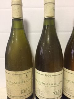 null 9 bouteilles BEAUJOLAIS blanc, Verget 1990 (ets, 2 TLB, légères traces de dépôt)...