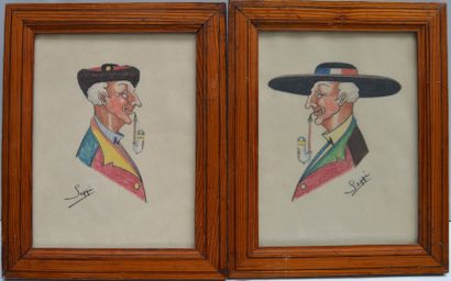 null Ecole MODERNE, deux hommes à la pipe, deux dessins signés SEPPIN, 27 x 20 c...