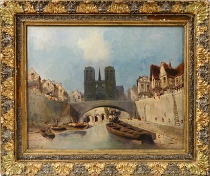 null DESHAYES Eugène (1862-1939), Notre-Dame de Paris vue des quais, Huile sur toile,...