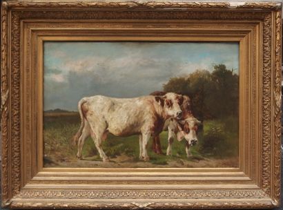 null Ecole ANGLAISE du XIXème, Vaches, 1879, Huile sur toile signée et datée, 64...