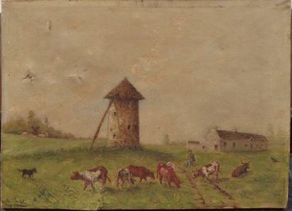 null PEULOT Ernest (1852-1940), Chien dans la cour de ferme, troupeau de vache, deux...
