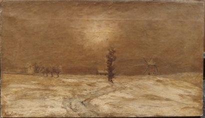 null PEULOT Ernest (1852-1940), Moulin dans la neige, 1875, Huile sur toile signée...