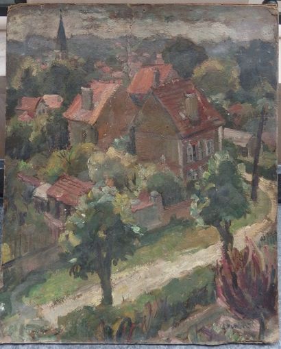 null Suzanne HUMBERT (1913-1952), Maison vue d'en haut, Huile sur toile. 60 x 49...