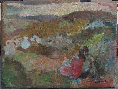 null Suzanne HUMBERT (1913-1952), Couple devant un village, Huile sur toile. 60 x...
