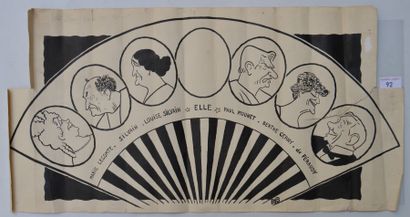 BIB ou Georges BREITEL (1888-1966) : 1 dessin : BIB : Eventail représentant les portraits...