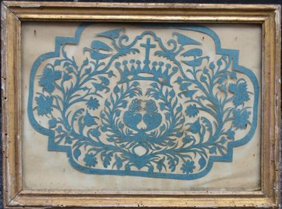 null France fin XVIIIème début XIXème, CANIVET en papier bleu à décor de cœur et...