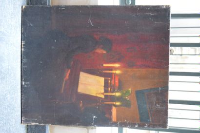 null Ecole FRANCAISE vers 1900, Femme au piano, toile. 61 x 50 cm. (rentoilage)