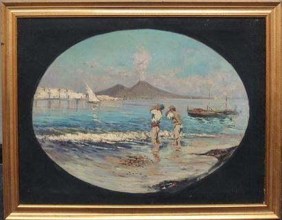 null ECOLE NAPOLITAINE, Pêcheurs devant le Vésuve, huile sur toile, 70 x 92 cm. ...