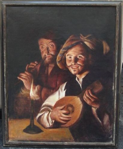 null ECOLE ITALIENNE, Musiciens à la bougie, huile sur toile, 91 x 70 cm. (rento...