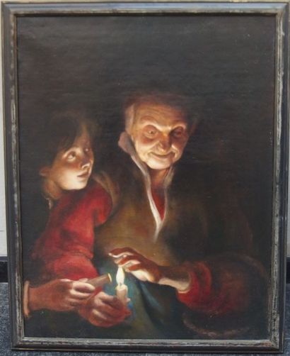 null ECOLE ITALIENNE, Grand-mère à la bougie, huile sur toile. 91 x 70 cm. (rent...