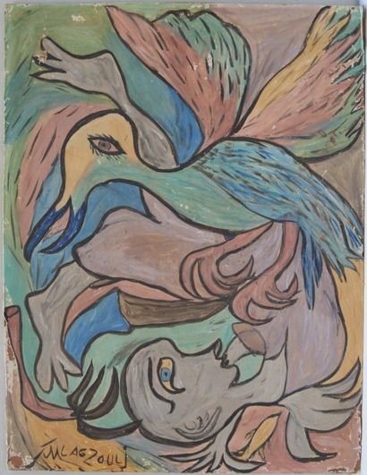 null Mohamed LAGZOULI (1937-2015), 

Homme et oiseau,

Gouache signée.

65 x 50 cm...