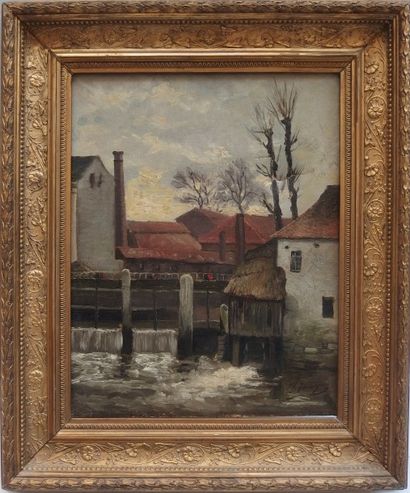 null Ecole RUSSE du XXème siècle, Vue d'usine, Huile sur toile, 35 cm X 28 cm. (accident...