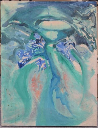 null F. DEQUET (XX ème), Composition bleue, Toile. 116 x 86 cm.