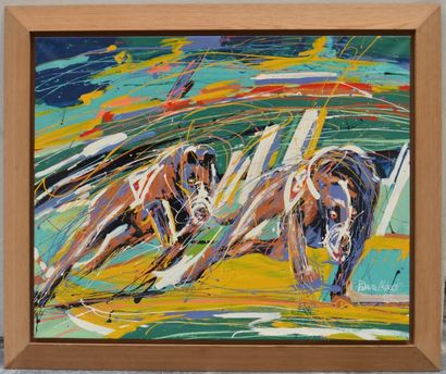 null Patrice MÉROT (né en 1954), Courses de Lévriers, 1992, Toile. 81 x 100 cm.