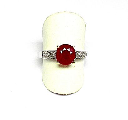 null Bague or blanc serti d'un rubis coussin birman pesant 2,05 cts. monture rehaussée...