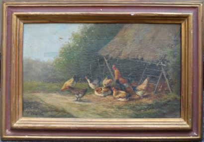null Ecole FRANCAISE vers 1900, Poulailler, huile sur toile signé Vizier, 21 x 34...